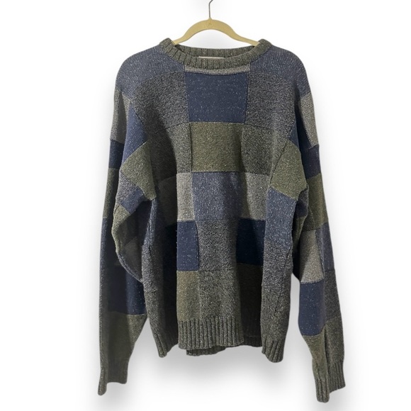 Vintage David Taylor Gray Green Blue Checkered Crewneck Sweater Men’s Size XL - Picture 1 of 12